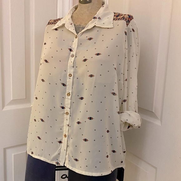Prototype Sheer Ivory Brown Red Aztec Print Long Button Up Roll Sleeve Top - Picture 3 of 7